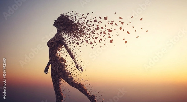 Obraz Ethereal Disintegration Female Figure in Profile Earthy Texture Partially Disintegrating into Particles Warm Muted Gradient Background SunriseSunset