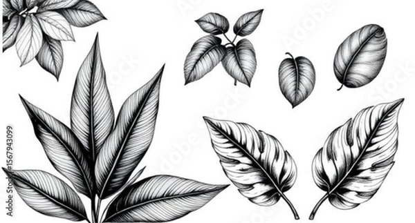 Fototapeta Green leaves on white background, Botanical leaf background, Leafy design, Fresh leaves backdrop, Green foliage on white, Nature leaves background, Minimal leaf design, Organic leaf pattern, Natural l