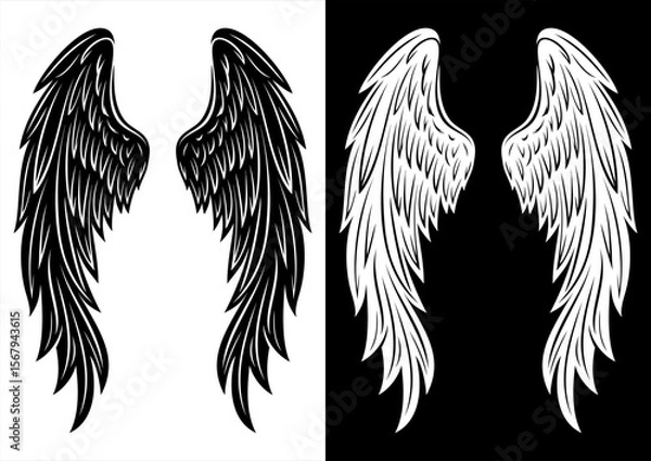 Fototapeta Elegant Angel Wings Vector – Black and White Line Art