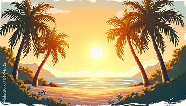 Fototapeta Sunset on Tropical Beach with Palm Trees