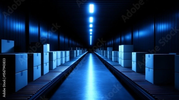 Fototapeta Dark Warehouse with Boxes and Neon Lights