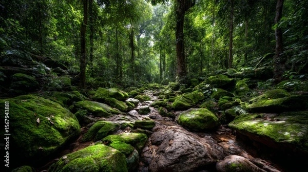 Fototapeta Tranquil Forest Landscape with Lush Greenery and Rocks