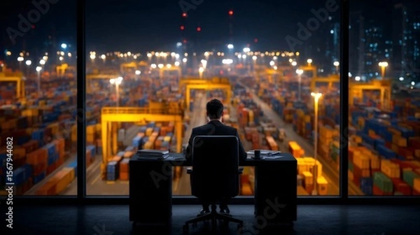 Fototapeta Businessman Overseeing Container Port at Night