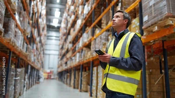 Fototapeta Warehouse Worker Checking Inventory with Mobile Device
