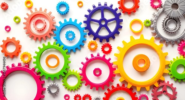 Fototapeta Abstract colorful gear background, Colorful gears design, Gear mechanism background, Vibrant gear pattern, Industrial abstract art, Tech gears background, Engineering theme, Abstract gear wheels, Gear