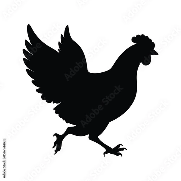 Fototapeta Black silhouette of a hen running or flying with wings spread wide