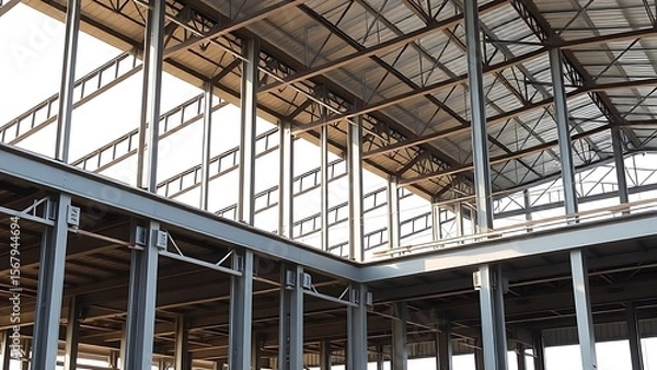 Obraz Industrial steel frame structure in progress, showcasing clean architectural lines and soft natural lighting.