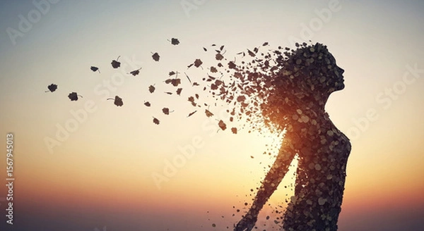 Obraz Symbolic Autumn Disintegration Woman's Silhouette of Leaves Against Sunset Dispersing into Air Light Within Torso Themes of Change Memory Ephemeral Life Nature Connection