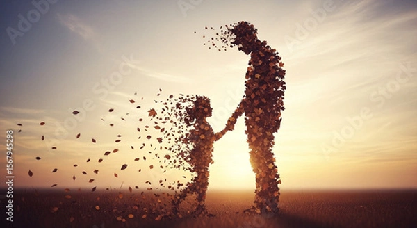 Obraz Poignant Leaf Silhouettes ParentChild Holding Hands in Field Backlit Sunset Forms of Dispersing Autumn Leaves Themes of Memory Time Legacy Ephemeral Life