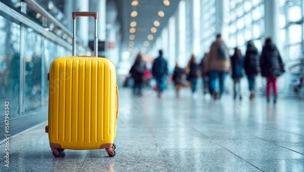 Fototapeta In the airport terminal, a lone yellow suitcase remains, illustrating the idea of abandoned travel items and the travel concept, with no passenger to be found