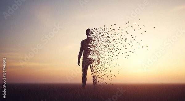 Obraz Dissolving Silhouette at SunsetSunrise Human Figure Dispersing into Particles Vast Open Landscape Striking Visual of Transformation