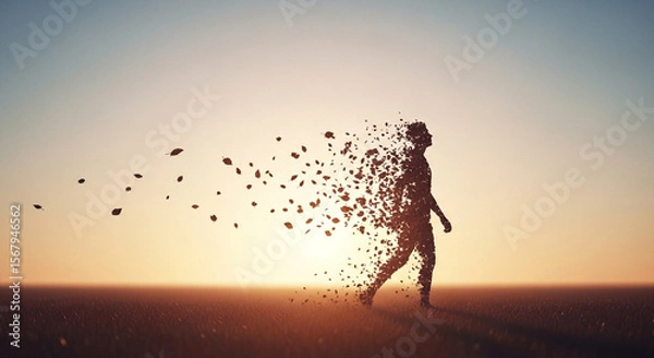 Obraz Dissolving Figure at Horizon Solitary Human Figure Partially Disintegrated Particles Trailing Desolate Landscape Vibrant SunsetSunrise Sky