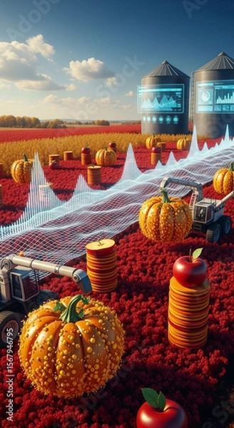 Obraz Abstract Smart Farm Scene Red Foliage Field Pumpkins Sliced Apples Holographic Silo Graphs Advanced Agriculture Futuristic Landscape