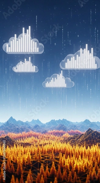 Obraz Stylized Digital Landscape Dark Blue Sky Abstract Data Rain Cloud Bar Graphs Low Polygon OrangeRed Forest Wireframe Mountains