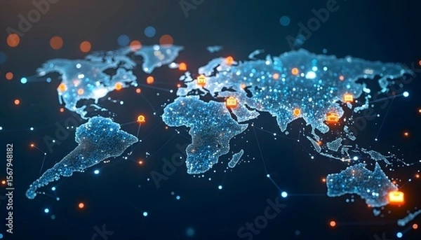 Fototapeta Global Network Connection: Digital World Map