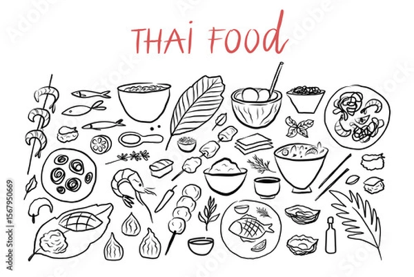 Obraz Set with Thai cuisine sketch on isolated background. Banner with national Thailand food with jasmine rice, seafood, noodles, fish, Tom Yum Kung, Som Tam, shrimp, mango, desserts. Vector illustration
