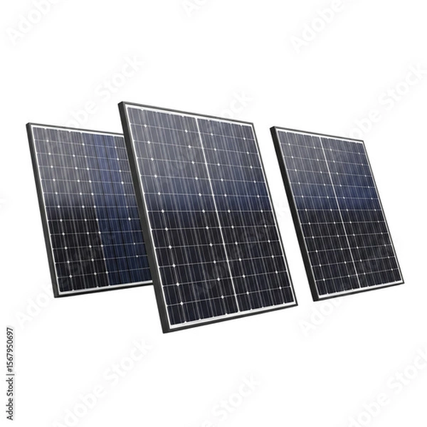 Fototapeta Solar panels array generating renewable energy present a clean energy source and sustainable power solution on a pure black background.