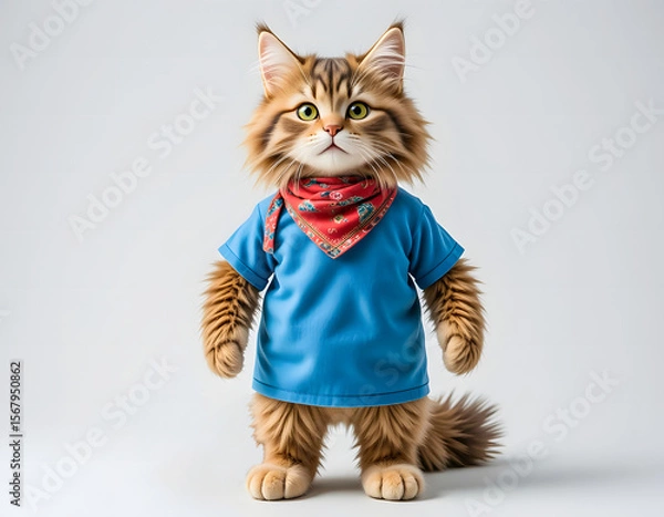 Fototapeta A cute and stylish Maine Coon cat character stands upright, wearing a cool blue t-shirt and a red patterned bandana.