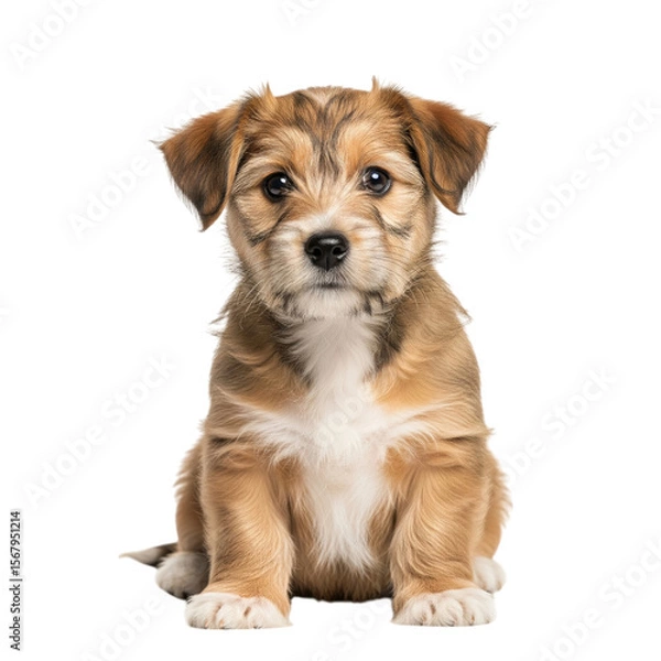 Fototapeta Charming puppy sits attentively with a black background, showcasing its expressive eyes and fluffy fur, ideal for pet product promotions or heartwarming visuals.