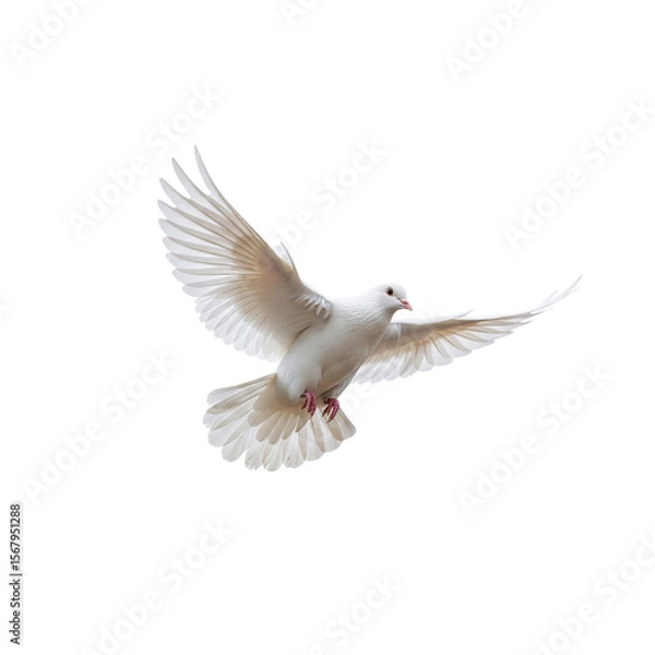 Fototapeta A pristine white dove soars through the air with its wings spread wide, creating a sense of freedom and peace against a stark black backdrop, suitable for graphic design.