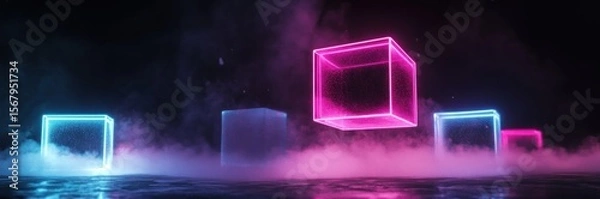 Fototapeta Abstract Neon Geometric Shapes Glowing in Fog on Dark Background