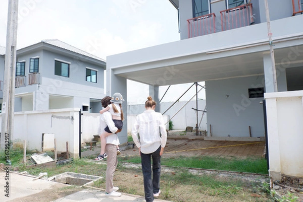 Obraz Father and mother are hugging their smiling daughter as they stand in front of the house.