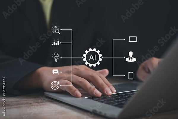 Fototapeta Businessman using a laptop with virtual AI diagram overlay, representing artificial intelligence solutions in data analytics, automation, communication, and modern technology for business operations.