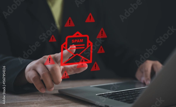 Fototapeta Person pointing at spam email warning icon with red alerts on laptop screen, symbolizing email security threats, phishing scams, inbox overload, and urgent need for data protection awareness.