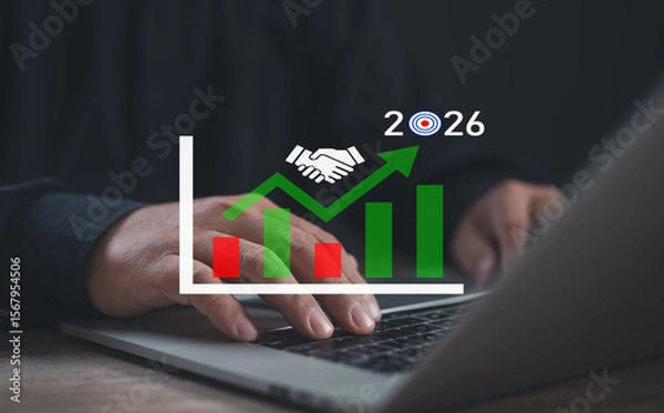 Fototapeta Professional working on laptop with overlay of growth bar chart, handshake icon, and target year 2026, symbolizing strategic partnership, financial recovery, and business goals for future success.