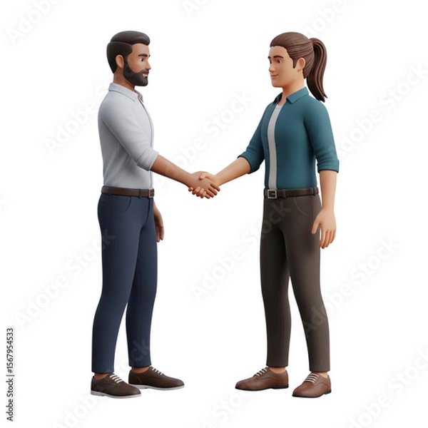 Fototapeta Business deal confirmed with a firm handshake between a man and woman, a 3D render with transparent background great for professional concepts and partnerships.