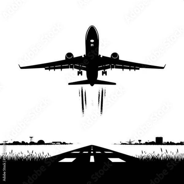 Fototapeta Black and White Vector Silhouette of an Airplane Taking Off