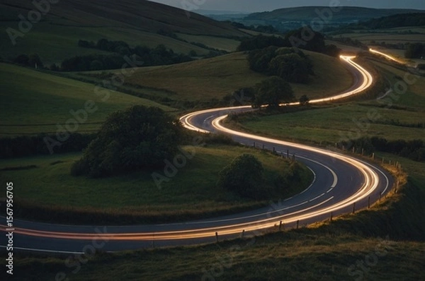 Fototapeta Winding curvy rural road with light trail from headlights leading through British countryside.