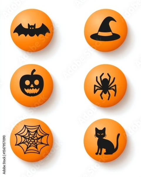 Fototapeta Vector set of orange round icons with black Halloween symbols	