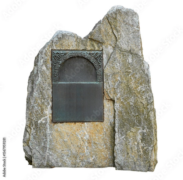 Fototapeta Large monolithic multilayer light gray yellow stone pedestal granite marble block with a commemorative plaque fractured isolated on transparent background closeup.