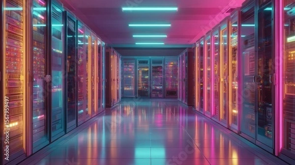 Fototapeta Vibrant neon lit server room futuristic data center technology