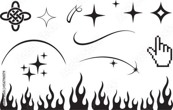 Fototapeta Y2K element vector illustration, trendy elements. Icons are arrows, stars, flames, checkered racing flags, planet, comet, cursor, peace sign, banner, shooting star, UFO. 