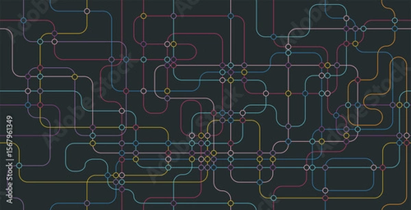Fototapeta Seamless Technology Multicolored Line Circuit on Black Background.