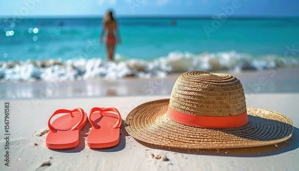Obraz Pastel Coral Flip-Flops and Straw Hat on Fine White Sand near the Sea Shore