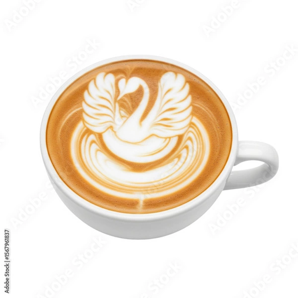 Fototapeta A beautifully crafted swan latte art adorns a cup of coffee, perfect for showcasing barista skills and the art of coffee making against a dark background.