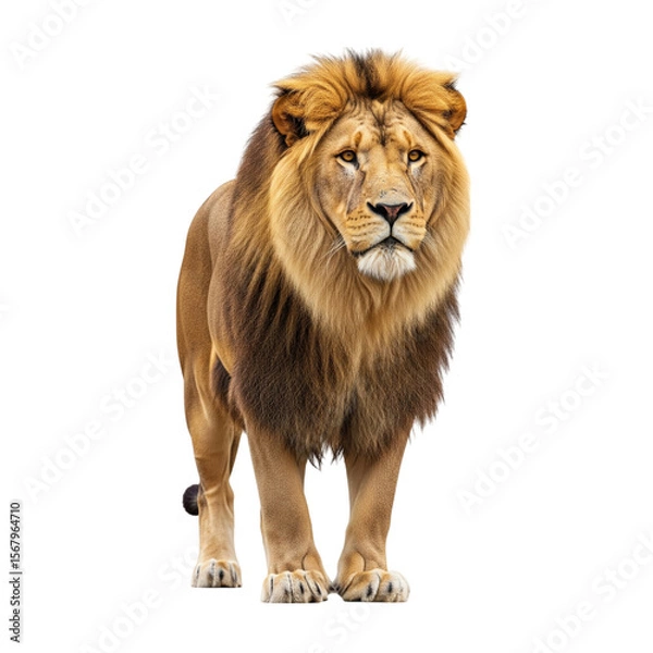 Fototapeta Majestic lion with a flowing mane stands powerfully against a stark dark backdrop, showcasing its strength and beauty, a symbol of wildlife and the king of the jungle.