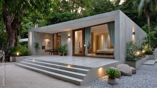 Fototapeta Modern concrete beach house with large windows