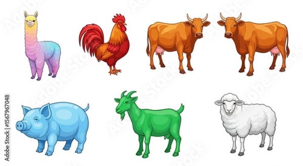 Fototapeta Vector farm animals vector illustration featuring llama, rooster, cow, pig, goat, and sheep cartoon clip art