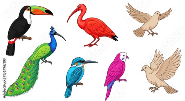 Fototapeta Vector exotic bird species illustration featuring toucan peacock ibis kingfisher parrot and dove artwork vector