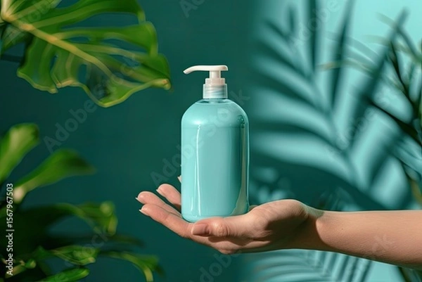 Fototapeta Sharp Image of Woman Holding a Liquid Soap Bottle with Copy Space