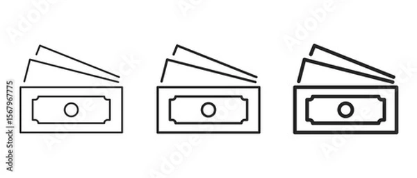 Fototapeta Currency 3 paper money outlined black illustration isolated for User Interface. Vector icon in flat style
