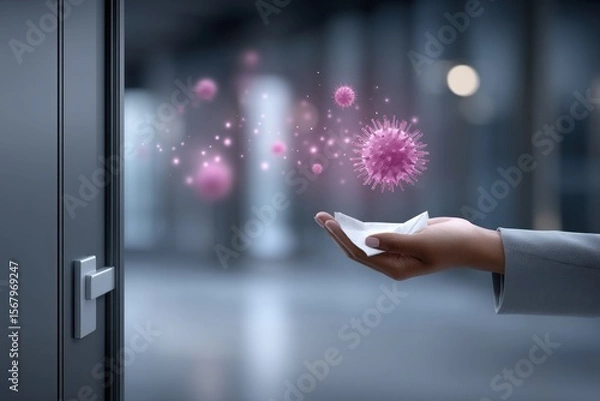 Fototapeta Hand holding a tissue, virus particles dispersing, doorway