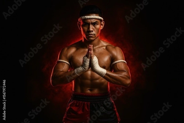 Fototapeta Powerful Muay Thai Fighter in Traditional Stance with Intense Background Lighting