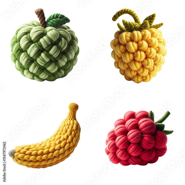 Obraz A set of fruit-shaped toys in bright colors, knitted from textured yarn, representing an apple, pineapple, banana and raspberry, isolates on a transparent background