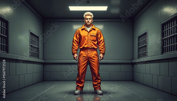 Fototapeta Male prisoner standing confidently in orange jumpsuit in jail cell  