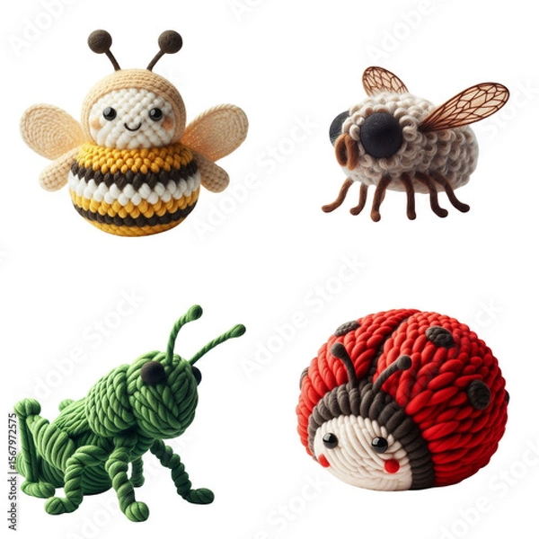 Obraz A set of insect-shaped toys in bright colors representing a bee, a fly, a grasshopper and a ladybug, knitted from textured yarn, isolates on a transparent background